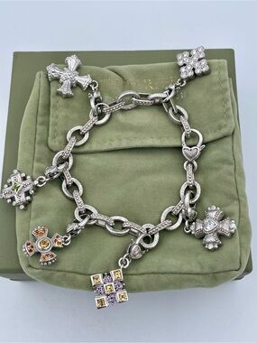 Judith Ripka Sterling Silver 925 Gemstone Maltese Cross Charm Bracelet Thailand